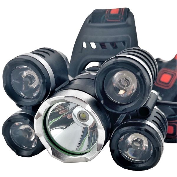 Profi Kopf- & Stirnlampe 5 Cree LED, inkl. Akku & Ladegeräte