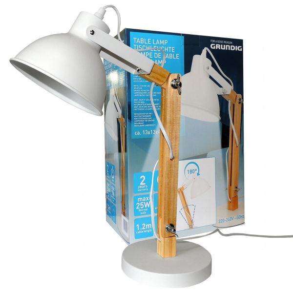Grundig Schreibtischlampe E14, Holzfuß, Metallschirm weiß