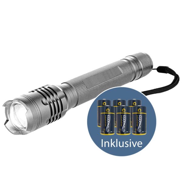 LED-Taschenlampe UltraHell 10W 1200lm, inkl. Batterien, silber
